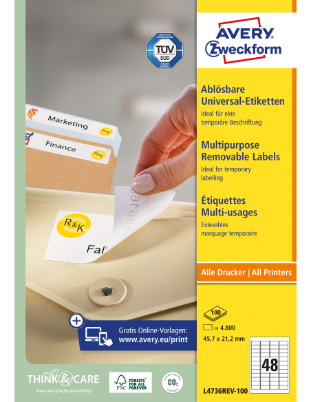 Etiketid Zweckform L4736REV-100 45,7x21,2mm A4/100L eemaldatavad (48tk lehel)