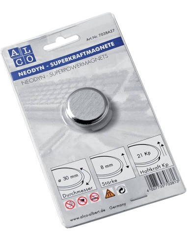 Super power magnet, Ø 30 mm, silver, 1 pcs on blister card