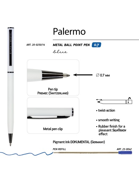 Blue ink metal body ballpen "PALERMO" 0,7 MM, white body