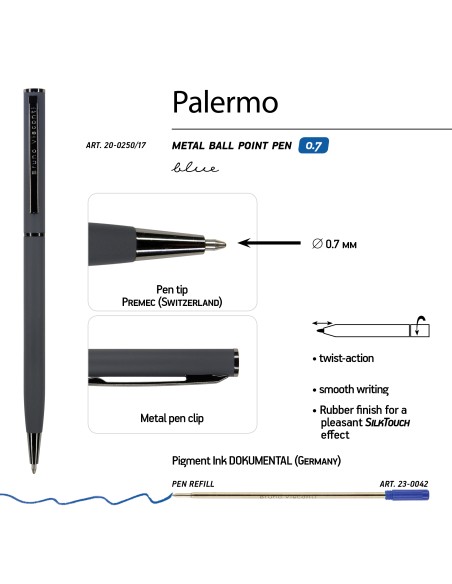 Blue ink metal body ballpen "PALERMO" 0,7 MM, graphite body