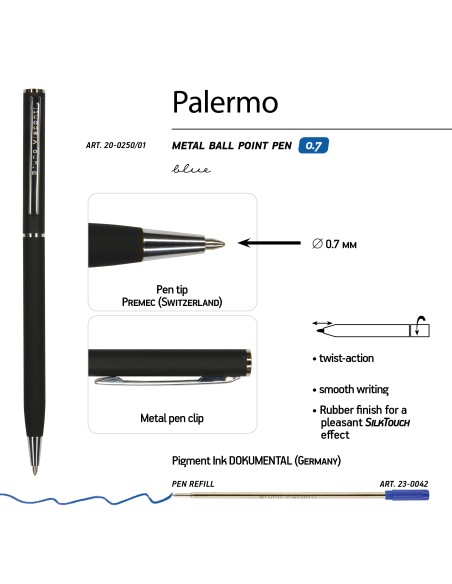 Blue ink metal body ballpen "PALERMO" 0,7 MM, black body