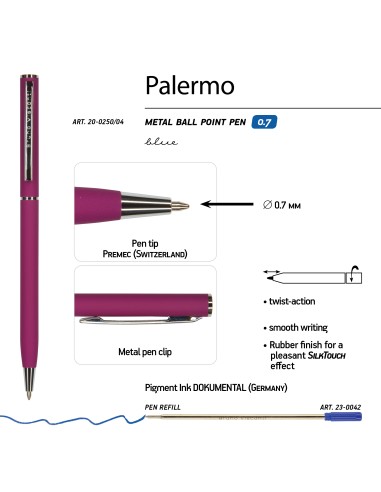 Blue ink metal body ballpen "PALERMO" 0,7 MM, bordeaux body