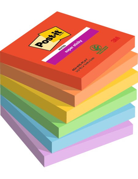 Post-it® Super Sticky Notes 654-6SS-PLAY, Playful Colour Collection, 76 mm x 76 mm, 6 pads 90 sheets, 12/CV, 100% PEFC CH18/0914