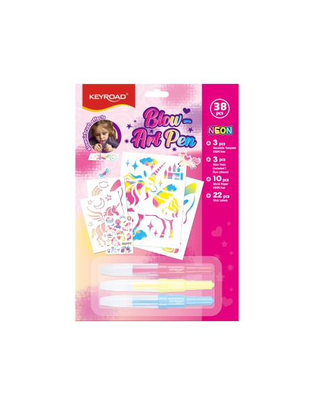 Puhutav viltpliiatsikomplekt Keyroad Blow Art Pen, 3 pihustusmarkerit, šabloonid, paber