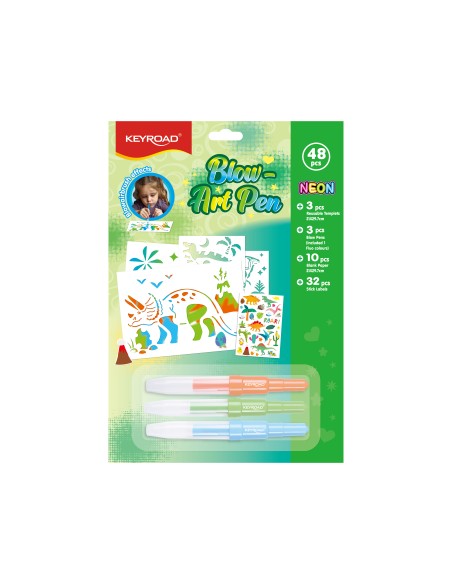 Puhutav viltpliiatsikomplekt Keyroad Blow Art Pen, 3 pihustusmarkerit, šabloonid, paber, roheline