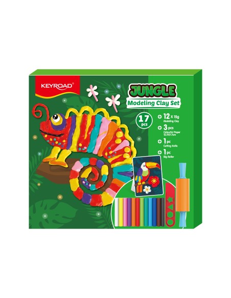 Modeling clay set: 12 x 15g modeling clay 1pc Cutting Knife 1pc Big Roller 3pcs colourful paper 12.7x17.7cm
