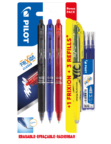 Geelpliiats Pilot Frixion Clicker 0,7 mm kustutav 3tk/pk + tekstimarker + südamikud blistris