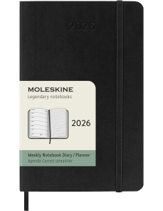 Kalendermärkmik Moleskine 2026 9x14cm, nädal, pehmed kaaned, must