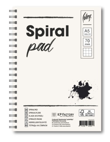 Spiraalplokk College A5/70l, 5x5 ruut, perfo ja kammspiraal pikemal küljel, augustusega, plastkaanega