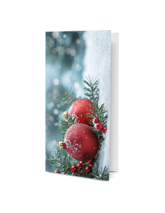 Postcard with red baubles on snow