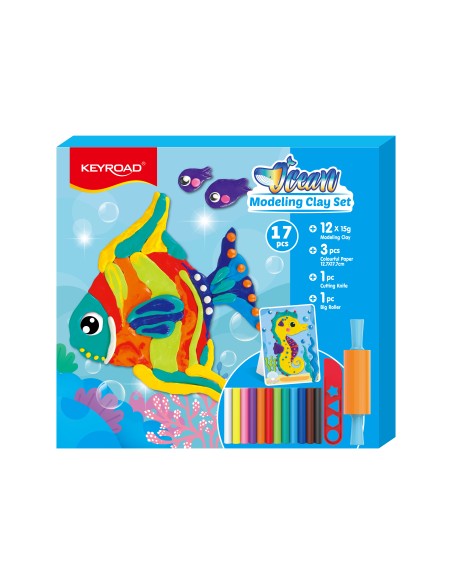 Modeling clay set: 12 x 15g modeling clay 1pc Cutting Knife 1pc Big Roller 3pcs colourful paper 12.7x17.7cm