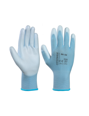 Polyester gloves PU coating in the palm KK30 light blue