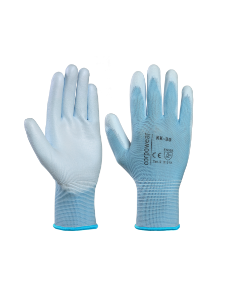 Polyester gloves PU coating in the palm KK30 light blue