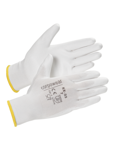 Polyester gloves with PU coating in the palm KK33 white