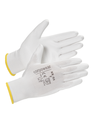 Polyester gloves with PU coating in the palm KK33 white