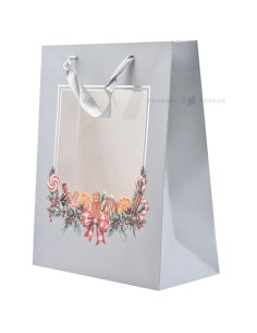 Paelsangaga kaunistuste ja piparkoogiga hall aknaga kinkekott 26+12x32cm