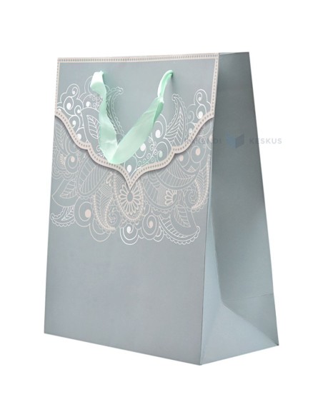 Paelsangaga pitsilise mustriga hallikas-roheline kinkekott 26+12x32cm