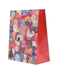 Paelsangaga jõuluvanade ja lumemmedega ruuduline kinkekott 26+12x32cm