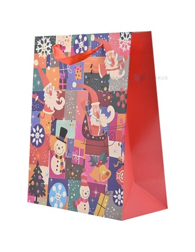 Paelsangaga jõuluvanade ja lumemmedega ruuduline kinkekott 26+12x32cm