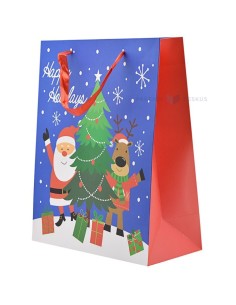 Paelsangaga jõuluvana ja põder kuusega sinine kinkekott 26+12x32cm