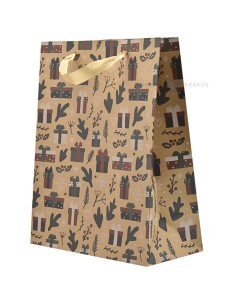 Paelsangaga jõuluokste ja kingitustega kraft kinkekott 26+12x32cm