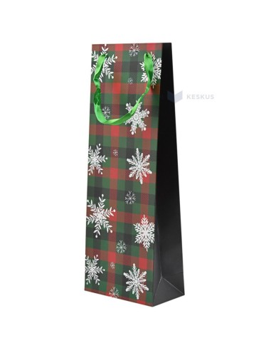 Paelsangaga lumehelvestega rohelise-punase ruuduline kinkekott veinile 15+8x40cm
