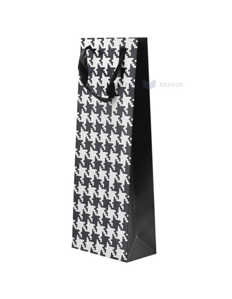 Paelsangaga musta-valge houndstooth mustriga kinkekott veinile 15+8x40cm