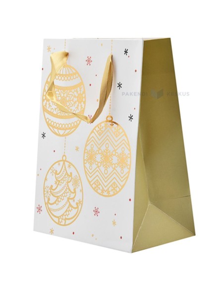 Paelsangaga ümmarguste kuldsete ehetega valge kinkekott 18+10x23cm