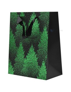 Paelsangaga roheliste kuuskedega must kinkekott 18+10x23cm