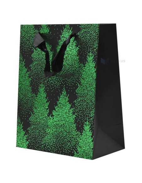 Paelsangaga roheliste kuuskedega must kinkekott 18+10x23cm