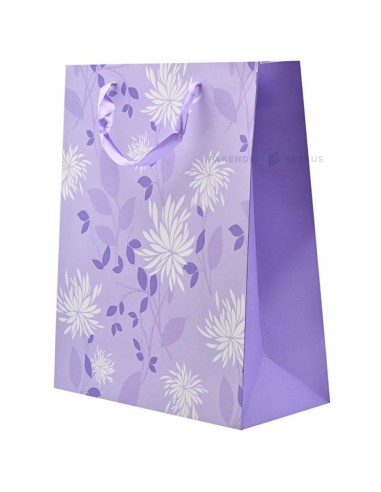 Paelsangaga valgete lilledega lilla kinkekott 26+12x32cm