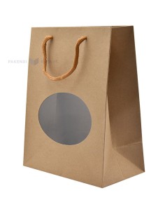 Nöörsangaga ovaalse aknaga pruun kinkekott 18+10x23cm