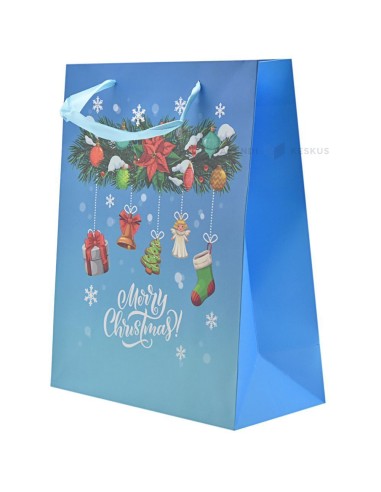 Paelsangaga jõuluvaniku ja sokkidega sinine kinkekott 26+12x32cm
