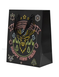Deer head print black paper bag with ribbon handles 18+10x23cm