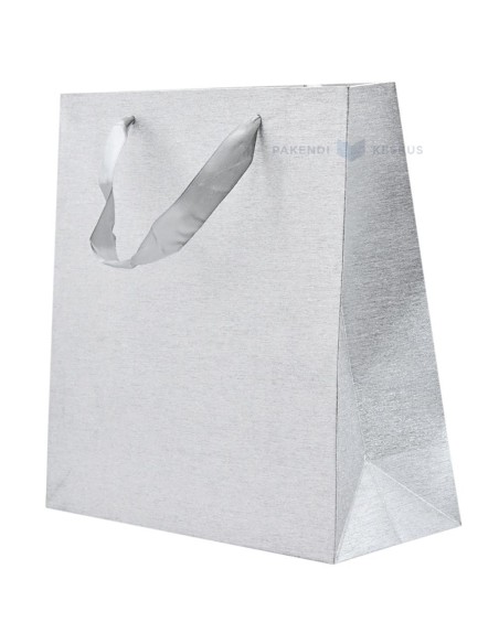 Shiny silver paper bag with ribbon handles 25+10x25cm