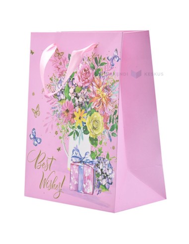 Paelsangaga lilledega vaasi ja kingiga Best Wishes roosa kinkekott 18+10x23cm