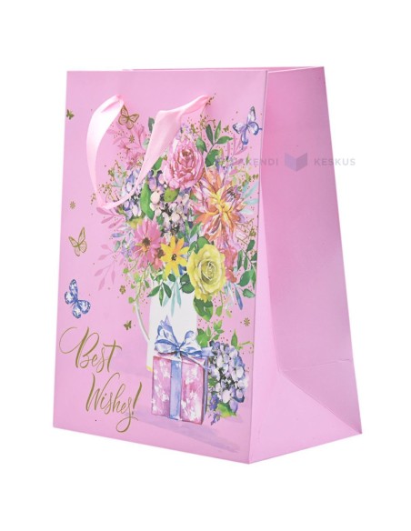 Paelsangaga lilledega vaasi ja kingiga Best Wishes roosa kinkekott 18+10x23cm
