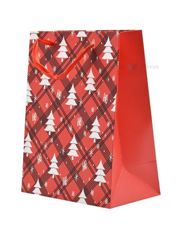 White trees checkered red paper bag with ribbon handles 18+10x23cm
