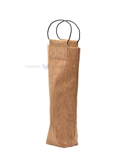 Natural shiny cork gift bag for wine with leather handles 9+7,5x34cm