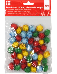 Pom Poms College 15mm, 50 pcs, Glitter Mix