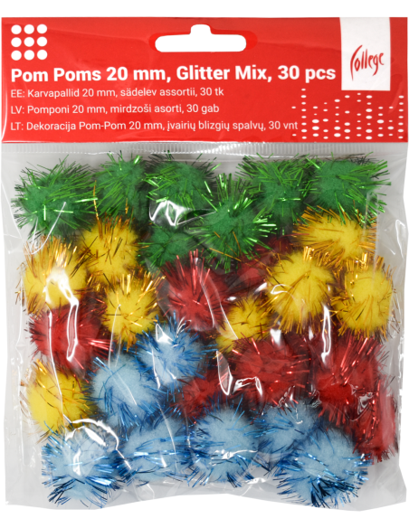 Pom Poms College 20mm, 30 pcs, Glitter Mix