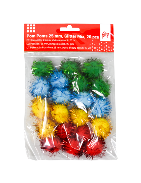Pom Poms College 25mm, 20 pcs, Glitter Mix