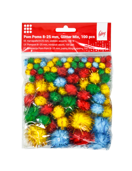Pom Poms College 8-25mm, 100 pcs, Glitter Mix