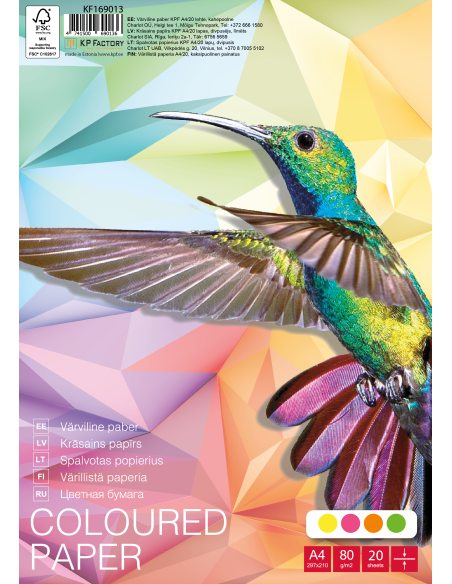 Colored paper (neon) KF College A4/20 sheets, loose sheets, 4 colors x 5 sheets