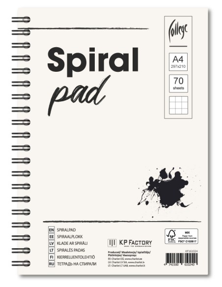 Spiraalplokk College A4/70L, 5x5 ruut, perfo ja kammspiraal pikemal küljel, 4 auku 80-80-80