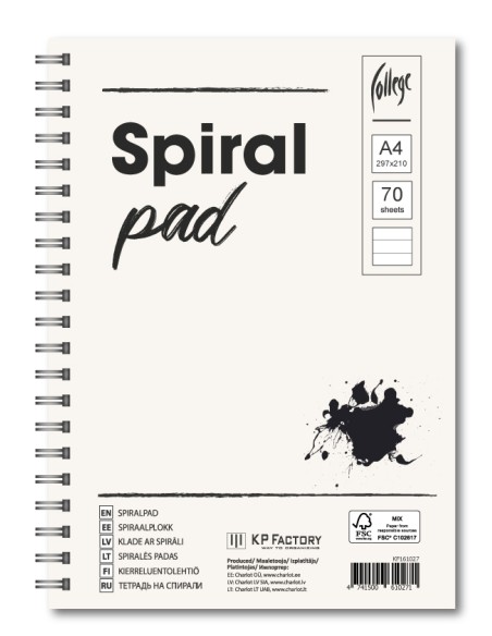 Spiral pad College A4/70 sheets, lines, perforation and double loop spiral on the long side side, 4 holes 80--80-80