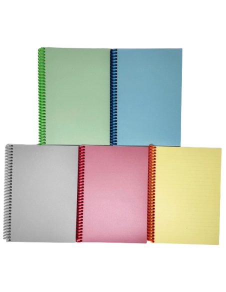 Spiraalplokk College A5/80l, jooneline, PP-kaanega, plastspiraal ja perfo pikemal küljel, pastell, ASSORTII