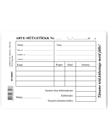 Blankett Arve-müügitsekk A6/100L, KPF
