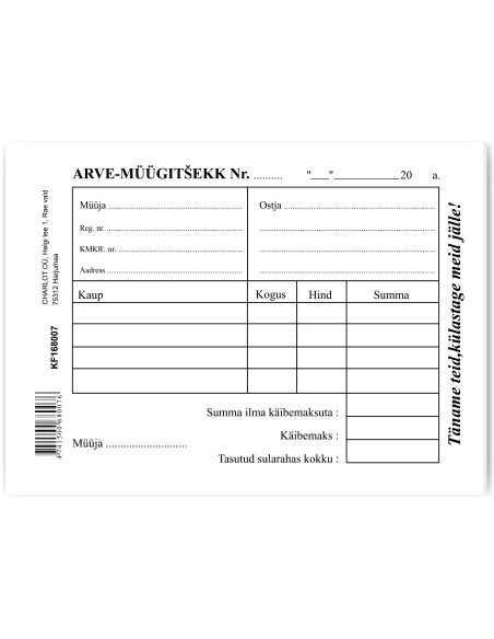 Blankett Arve-müügitsekk A6/100L, KPF