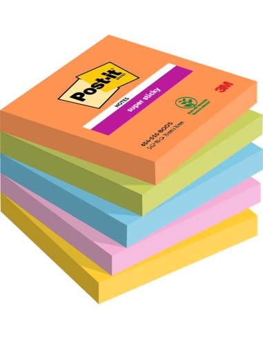 Post-it® Super Sticky Notes 654-5SS-BOOS, Boost Colour Collection, 76 mm x 76 mm, 5 pads 90 sheets, 12/Case, 100% PEFC CH18/0914